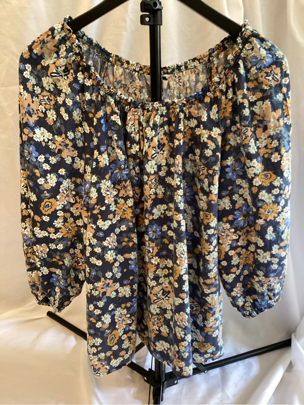 Sonoma Navy Floral Off-Shoulder Tunic with Mustard Accents